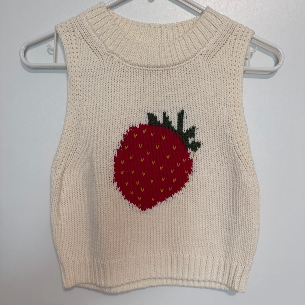 Cream Knit Sweater Vest with Strawberry Design